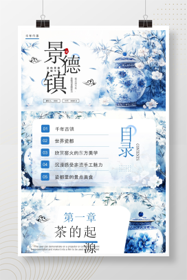 蓝色中国风世界瓷都景德镇介绍PPT模版