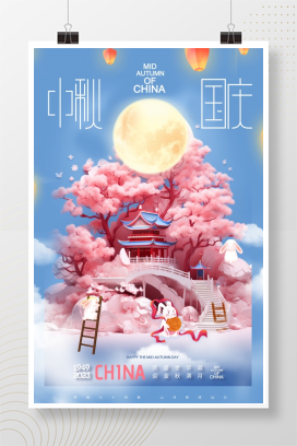 中秋国庆双节同庆插画海报