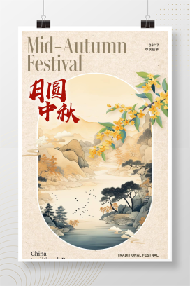 中秋节山水桂花浅灰色新中式古风中国风海报海报