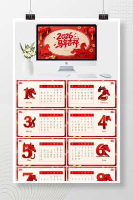 红色喜庆风贺新年2026年日历PPT模板